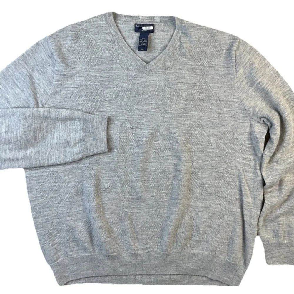 Banana Republic Sweater Men Sz 2XL 100% Merino Wool Argyle Detail Pullover Grey